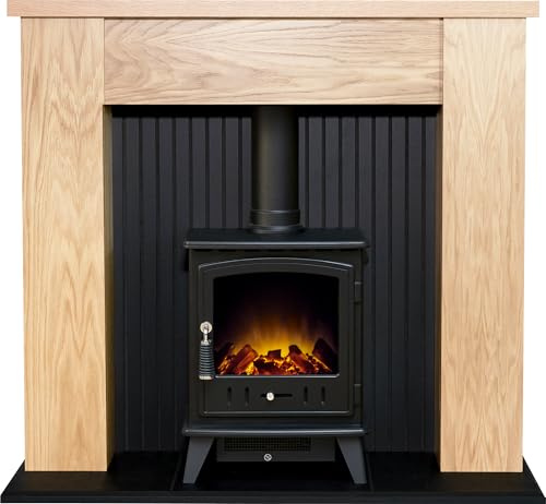 Adam New England Stove Fireplace in Oak with Aviemore Electric Stove in Black, 48 Inch