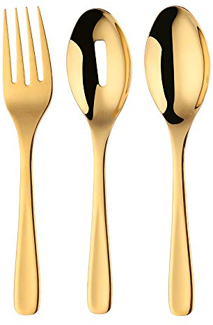 Meisha Salad Servers Set of 3, Heavy Duty Stainless Steel Salad Serving Utensils Spoon and Fork Set, 10.2-inch (Gold)
