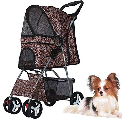 PJDDP Hundewagen Hundebuggy Für Hunde Pet Stroller,Bis 15 Kg Mit 4 Rädern Und Stauraum,Klappfunktion Atmungsaktiver Tierwagen Regenschutz Zum Schieben Roadster,Leopard