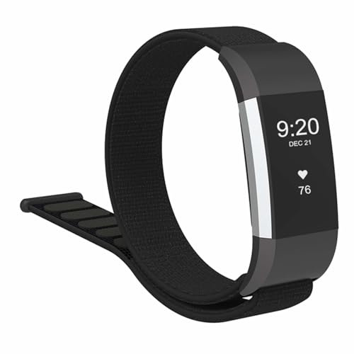 INF Ersatzarmband für Fitbit Charge 2, Nylon mit Klettverschluss, Schwarz, Universalgröße – Einfach zu wechseln