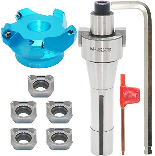 3.15 Inch Face Milling Cutter Aluminum KM12 80MM CNC End Milling Cutter Holder + R8-FMB22 Shank Face Shell Mill Arbor + 5pcs SEHT1204 Carbide Inserts + 8mm Hexagon Wrench + T20 Wrench CNC Machine Tool