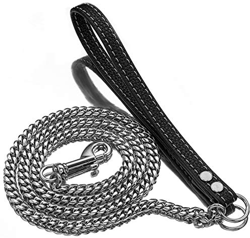 DHGTEP Hundeleine Seil Schwere Edelstahl O-Leine Outdoor-Training Kette Braun Schwarz PU Leder Griff Leine für Mittlere und Große Hunde (Color : Silver 10mm, Size : 60cm)