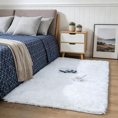 Calore - Tappeto shaggy a pelo lungo, morbido, soffice e antiscivolo, moderno, per camera da letto e salotto, lavabile (bianco, 80 x 120 cm)