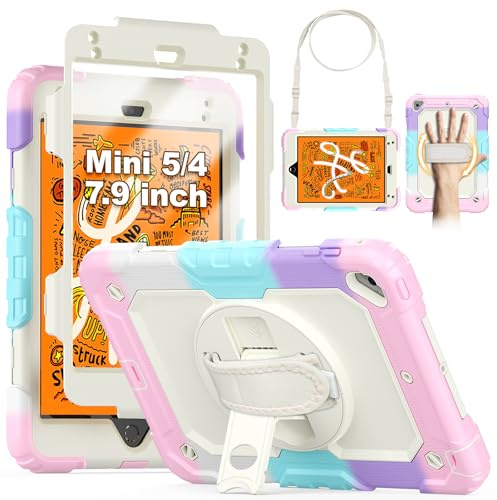 SEYMCY for iPad Mini 5/4 Case Kids 7.9 Inch 2019/2015 | Full-body Shockproof with Screen Protector, 360° Rotating Stand & Hand Strap, Shoulder Strap, Pencil Holder, Pink