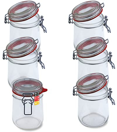 BAUER Flaschenbauer - 6-teiliges Set Drahtbügel-Vorratsgläser 800ml, geeignet als Einmach- und Fermentierglas, zur Aufbewahrung, zum Befüllen, Drahtbügelgläser Inklusive Etiketten - Made in Germany