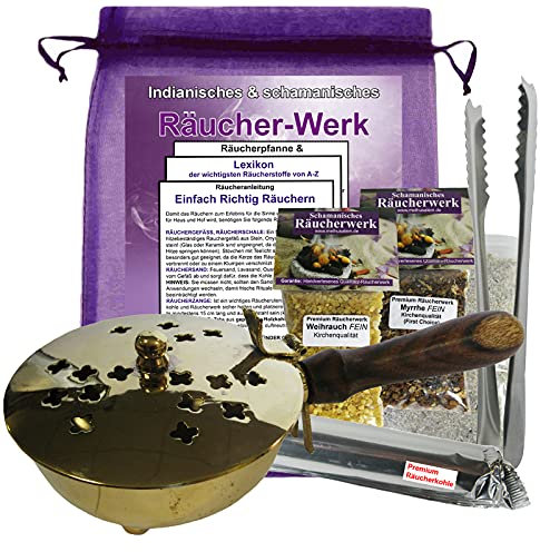 RÄUCHERPFANNE & WEIHRAUCHBRENNER 21cm Messing 10-TLG Set zum AUSRÄUCHERN + WEIHRAUCH + MYRRHE Räucherwerk. Räuchergefäß, Räucherschale & Räucherstövchen in EINEM mit ZUBEHÖR. 3514-ZWM
