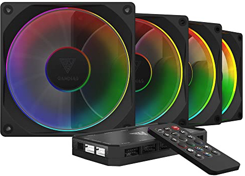 GAMDIAS AEOLUS M3-1204R Ventilateur RGB 120 mm, Ventilateur pc avec télécommande, personnalisez les LED RGB adressables, roulement hydraulique, jusqu'à 2 000 tr/min, 4 Ventilateurs