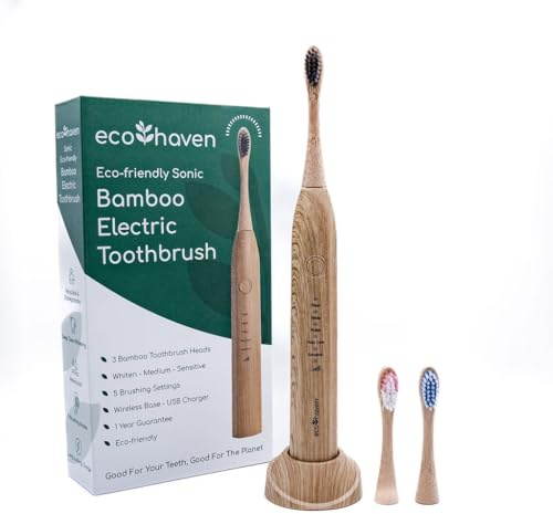 Ecohaven Sustainable Sonic Bamboo Electric Toothbrush – 5/6 Weeks Battery Life - 3 Recyclable Heads – 5 Cleaning Modes – USB Charger – Waterproof Handle - Lightweight - Eco-Friendly