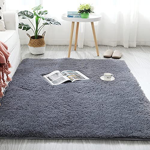 ROHATIM Teppich Flur 80 x 150 cm Silber grau Waschbar Rutschfester Hochflorteppich Schlafzimmer Kinderzimmer Flauschiger Teppiche