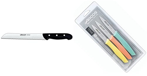 Arcos Maitre, Cuchillo Panero, Acero Inoxidable Nitrum Serrada 210 mm, Mango Polipropileno Negro & Nova, Cuchillos Mondadores, Acero Inoxidable, Multicolor, 85 mm (Paquete de 3)