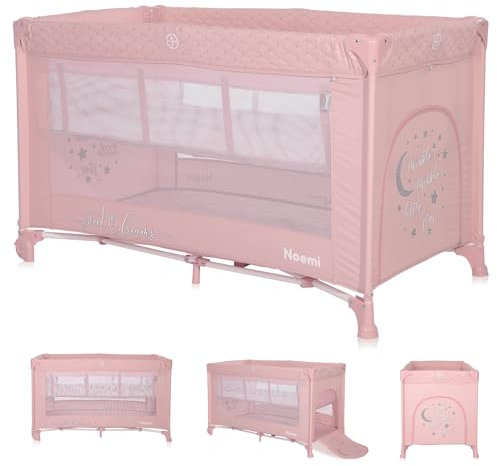 Lorelli 2in1 Babybett und Laufstall Noemi 2 Ebenen mit Neugeborenen Einsatz und Seiteneingang, Kinderbett ab Geburt bis 15 kg, Baby Reisebett mit Rollen, faltbar inkl. Transporttasche, rosa