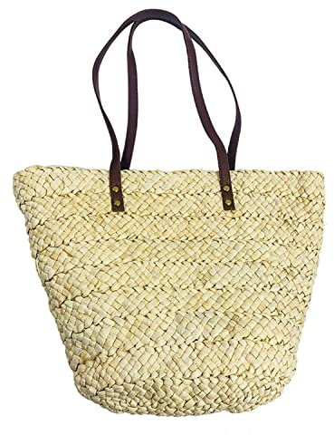 HACLEN Cabas Paille, Panier Cabas en Osier avec Anses en Cuir, Sac à Bandoulière de Loisirs Tote Portés épaule pour Voyage, Date et Vacances-beige