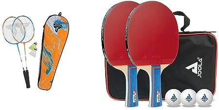 Talbot Torro Unisex – Erwachsene Badminton-Set 2-Attacker & JOOLA 54820 Tischtennis-Set Duo Bestehend aus 2 Tischtennisschläger+3Tischtennisbälle+1Aufbewahrungstasche,Mehrfarbig,OneSize