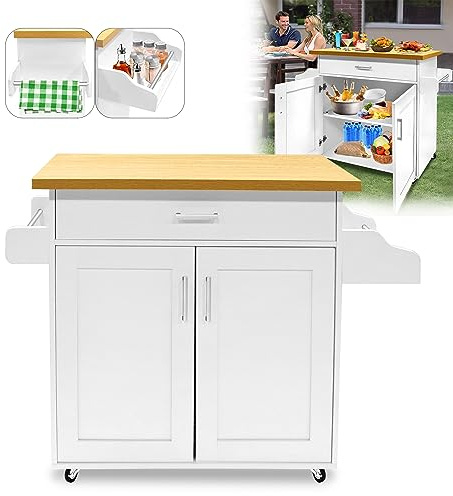 ACXIN Küchenwagen auf Rollen mit Schubladen und Tür Kücheninsel mit Arbeitsfläche Servierwagen Rollwagen für Küche und Esszimmer - 115 x 36 x 90 cm, Weiß