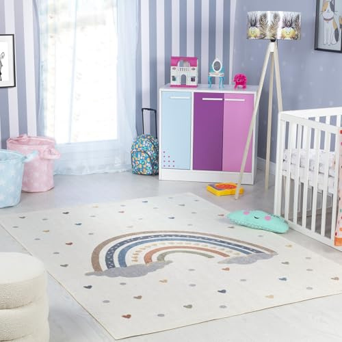 Livabliss Regenbogen Kinder waschbar - Cartoon 160x213 cm, Waschbarer Kinderzimmer oder Babyzimmer, Krabbel oder Spiel - Babymatte für Jungen & Mädchen, Creme