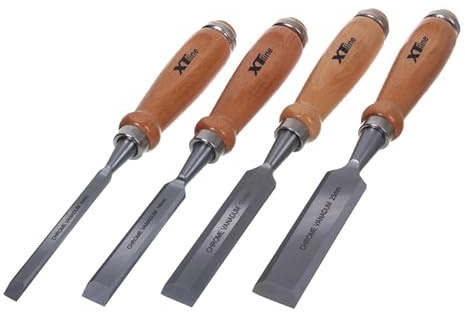 NAJDER Lot de 4 Ciseaux à Bois (8, 14, 18, 25 mm), Pour Menuisier Charpentier, Outil Professionnel, Lamme en Acier CR-V, Manche en Bois, Résistant à La Corrosion, Durable