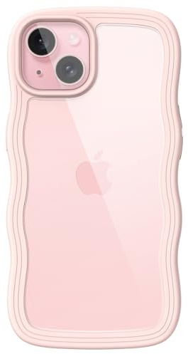 JETech Söt Fodral för iPhone 15 6,1-Tum, Vågformat Lockigt Stötskyddat Mobilskal för Kvinnor och Flickor, Clear Hård PC Baksida (Rosa)
