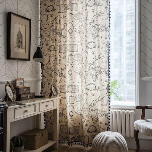 Bishilin Gardinen Baumwolle Schwarz Beige 2er Set, Vorhänge Lichtdurchlässig Stangendurchzug Bedruckt Karte mit Quasten Vorhänge Halbtransparent Küche Wohnzimmer 150x180CM