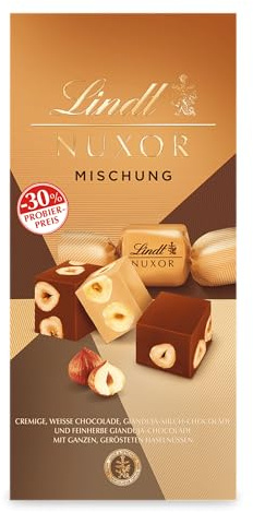 Lindt Schokolade NUXOR Beutel Mischung, Promotion | 103g | Cremige Gianduja Schokolade in Weiss, Vollmilch und Feinherb mit ganzen, gerösteten Haselnüssen | Pralinengeschenk