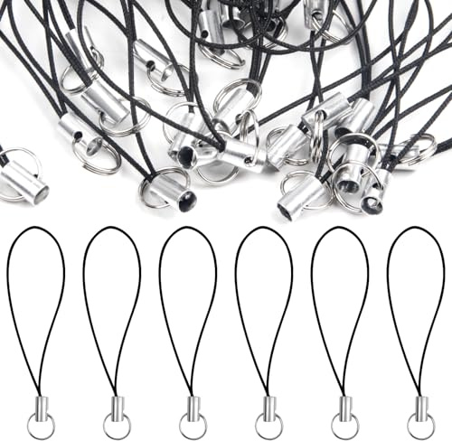 Foyods 100 cordini per telefono cellulare, semplice da collo, con moschettone, anello split ad anello per cellulare, set di passanti per cellulare, portachiavi fai da te (nero)