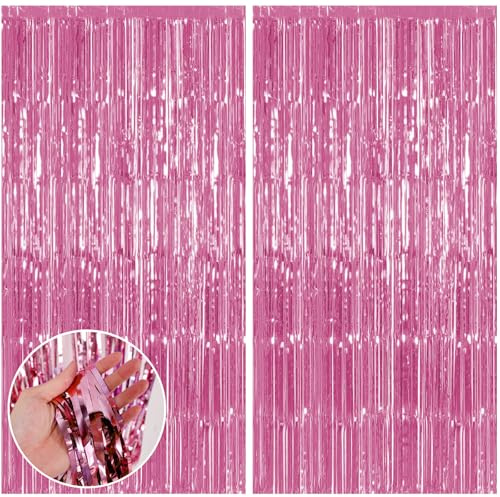2pcs Tinsel Curtains, Foil Curtain 3.3ft *6.6ft Pink Party Decorations Background Streamers, Girls Tinsel Curtain Backdrop Foils Fringe Curtains for Graduation Wedding Holiday Birthday Decoration