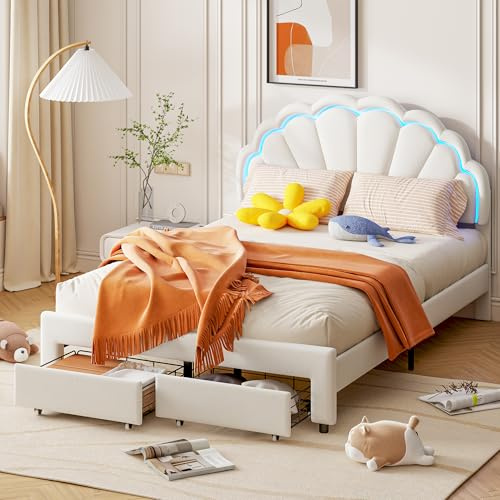 KeepGoon Kinderbett 140x200cm,Doppelbett mit 2 Schubladen,Polsterbett mit LED-Beleuchtung, Kopfteil aus weißem Samt mit Blütenblättern,für Jugendbett,LED Bett für Mädchen mit Lattenrost