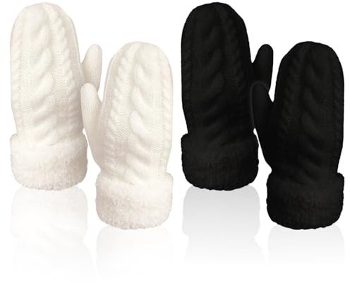UILYNIU 2 Paar Hiver Tricoté Moufles Gants pour Femmes Filles, Mitaines Plein Doigts, Epais Chauds Gants, Chauffe Poignets pour Cadeau Noël Sport Snowboard Ski Moto Vélo (2 Couleurs)