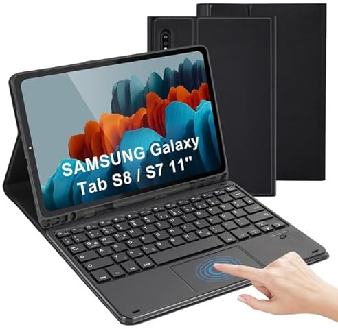LAMA Bluetooth Tastatur Hülle mit Touchpad für Samsung Galaxy 10.9'' Tab S9 FE/S10 FE/S10, 11 Tab S9/S8/S7, Kabelloser Tastatuhülle, Tastatur Schützhülle mit Stifthalter - DE QWERTZ Layout, Schwarz