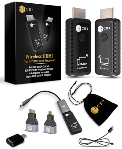 CR4 Wireless HDMI Transmitter and Receiver, Low-Latency 5G, Plug & Play, 4K In/1080P Out, Extender Kit to Stream Video/Audio from PC/Laptop/USB-C Phone (Like iPhone 15 or Newer) to Monitor/TV (Black)