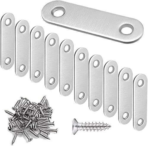 10 Pcs Flat Straight Brackets - Stainless Steel Fixing Brace Brackets, Heavy-Duty Flat Plate Support Connectors with 20 Screws Included
