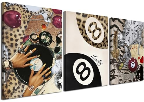 Fashion Cheetah Wall Art Set of 3 Leopard Wall Decor Pictures Lucky 8 Ball Poster Canvas Painting Prints Dark Red Cheetah Artwork for Bedroom Living Room Framed 16x24 inch