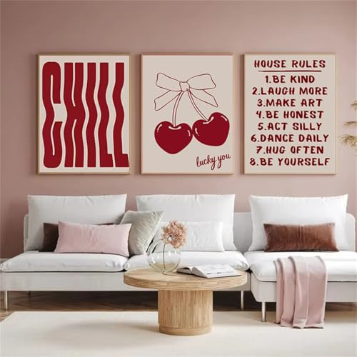 AQCQDQ 3er Set Wandbilder Poster Schleife Kirche Rund Rosa Poster Dopamin Decor, Rote Disco-Schleife Poster & Kunstdrucke Ästhetische Fliege Kirsche Leinwand Bilder Ohne Rahmen (50x70 cm,#02)