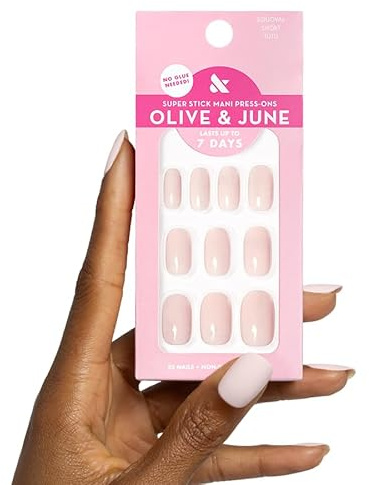 Olive & June Classic Super Stick Mani Press On Nails | No Glue Needed | 32 Tab Nails 16 Sizes | Non-Toxic Tabs Non-Damaging 7-Day Wear | Spring Flowers & Patterns | Short, Squoval | Tutu Pastel Pink