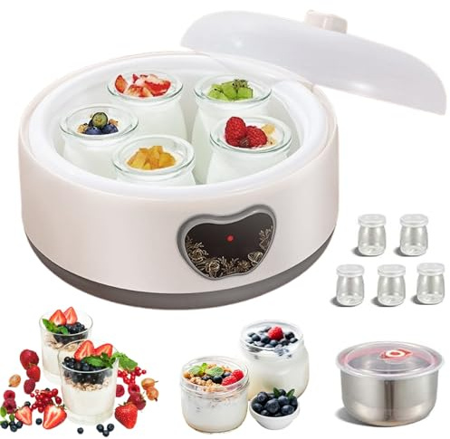 Wasd3Pods Macchina Yogurtiera da 1,2 L con 5 Vasi di Vetro, Yogurtiera Probiotica da 36 Ore, Display LCD, per Preparare Dessert Freschi E Sani Fatti in Casa