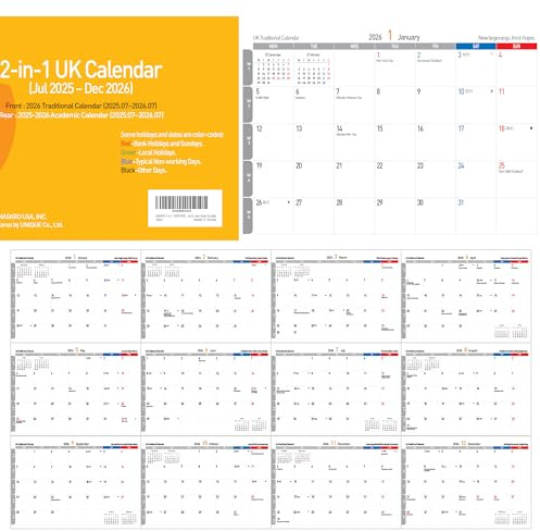 AGGAFA 2-in-1-Kalender 2025–2026, doppelseitiger Monatsplaner, akademisches und traditionelles Jahresformat, A4-Größe, beschreibbar und farbcodiert, Mondphasen und Monddaten im Lieferumfang enthalten