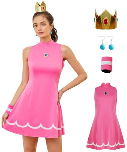 AYYOHON Prinzessin Daisy Kostüm Frauen Pfirsich Cosplay Tennis Kleid Rock Krone Ohrringe Armband Erwachsene Halloween Anzug L