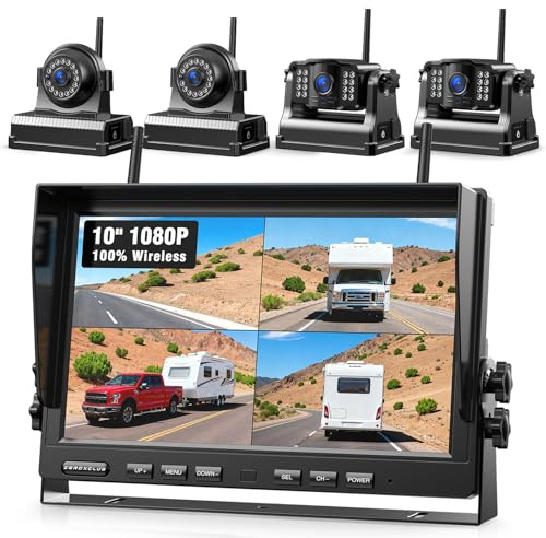 10 Zoll Rückfahrkamera Kabellos Set: 2 Seitenkameras und 2 Rückfahrkameras, 1080P FHD Monitor, 9600mAh Akku, 1-Min Installation, IP69K Wasserdicht Rückfahrkameras für Wohnmobile,Anhänger und LKWs