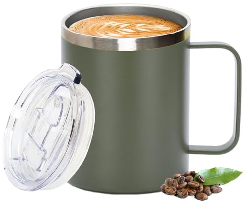 Thermal Mug, Insulated Coffee Mug with Handle and Sliding & Straw Lid, Leakproof Reusable Double Walled Vacuum Stainless Steel Travel Camping Cafe Tumbler Cup,Dishwasher Safe (Army Green, 12 oz)