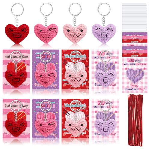 Huquary 12 Pcs Romantic Valentine's Day Gifts Bulk, 4 Styles Crochet Heart Keychains with Valentine Cards, Handmade Heart Key Ring Set for Office Exchange, Friends, Couples, Party Favors