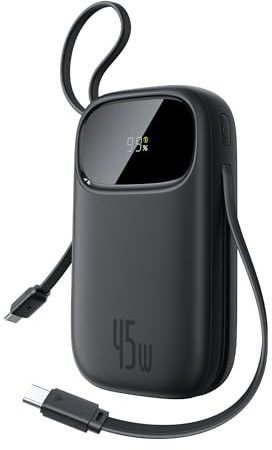Baseus QPow3 Powerbank 45W 20000mAh con 2 cables USB-C integrados, pantalla LED, función de carga rápida, Power Bank PD3.0 QC4.0, 3C 1A Powerbank USB C para iPhone 16/15/14 Pro Max, iPad, Galaxy