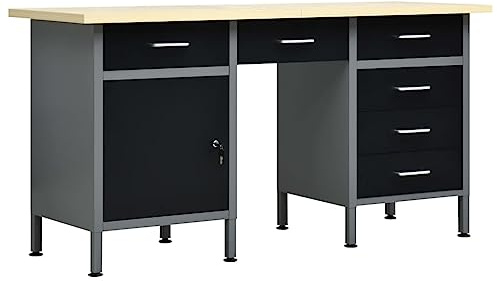 Emmtore Arbeitstisch mit 6 Schubladen 1 Schrank Höhenverstellbare Füße Werkstatt Werkbank Werktisch Packtisch Schwarz 160x60x85cm Stahl