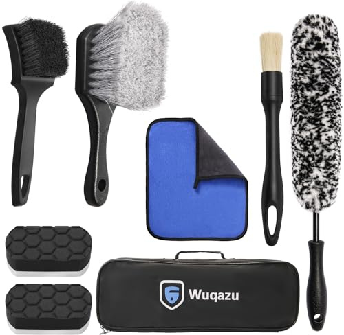 Wuqazu 8PCS All-in-One Wheel & Tire Cleaning Kit - 360° Flexible Synthetic Wool Rim Brush, 2 Dual-Hardness Brushes, Dressing Pads & Storage Bag | Scratch-Free for All Vehicles