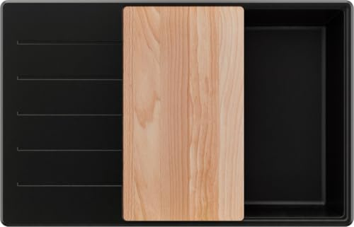 PRIMAGRAN Lavello da Cucina al Mobile 60cm + Kit di scarico, 78x50cm | Set: Kit di scarico + Tagliere + Lavandino in Granito a 1 Vasca - Copenhagen Top, Nero