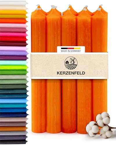Premium Stabkerzen Orange durchgefärbt, 10 Stück, 180mm x 22mm | Made in Germany, Lange Brenndauer 8+ Stunden - Bunte Spitzkerzen Ohne Tropfen & Rußen - RAL-Zertifizierte Haushaltskerzen
