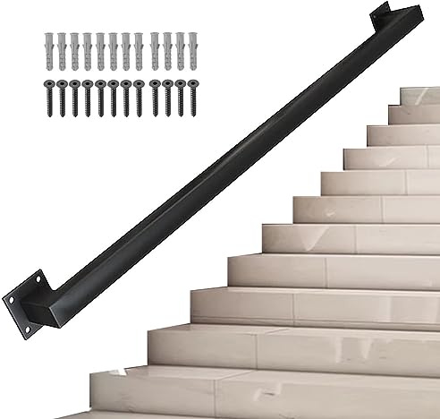 Black Metal for Stairs - 0.6m Wrought Iron Railing with Wall Brackets & Screws Indoor/Outdoor Safety Grip - Treppengeländer for Home & Garden