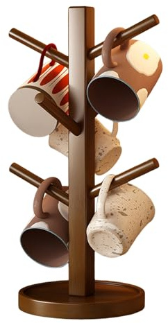 Napacoh Mug Tree 6 Mugs, Wooden Cup Holder Cup Stand with Thickened Base for Kitchen Restaurant Home Brown