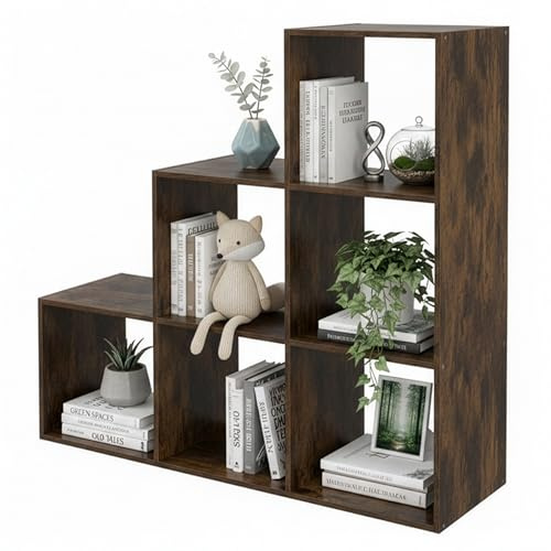 Scaffale a gradini Relaxdays, 6 Scomparti, HxLxP: 97,5x97,5x29 cm, sottotetto, libreria Salotto, Marrone Vintage