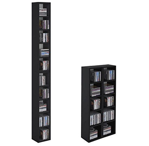 CARO-Möbel CD DVD Blueray Regal Chart in Schwarz – Zweiteiliges Medienregal, Aufbewahrung, CD-Ständer mit 10 Fächern für bis zu 160 CDs, 20x187 cm (B x H)