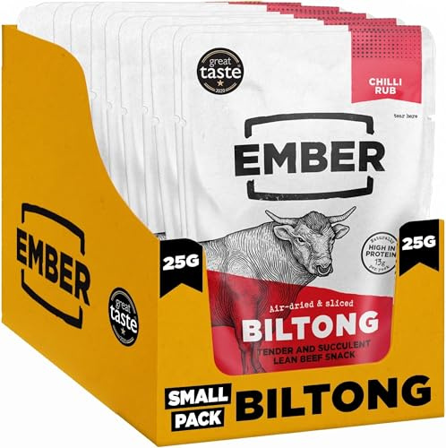 Ember Biltong de Bœuf Chilli 250 g - Viande Séchée Beef Jerky Riche en Protéines - En-cas Faible en Gras, Sans Sucres Ajoutés, Keto, Sans Colorants ni Arômes Artificiels - 10 Sachets de 25 g