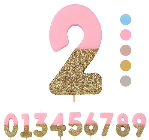 Pink Number 2 Two Birthday Candle with Gold Glitter | Premium Quality Cake Topper Decoration | Pretty, Sparkly For Kids, Adults, 21st Birthday Party, Anniversary, Milestone Age